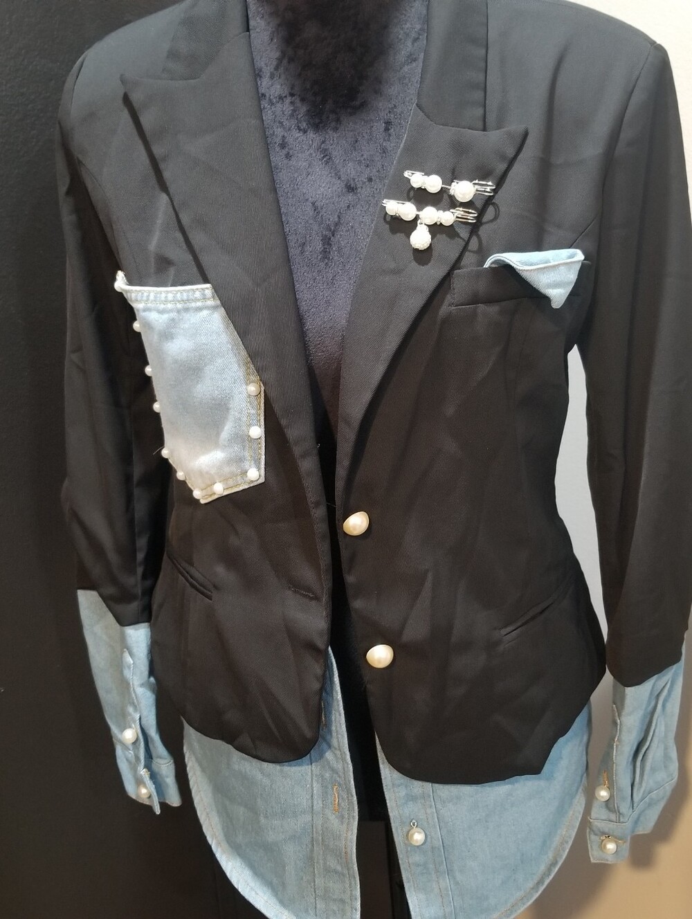Custom BLAZER Black Women's Blazer with Denim Trim And Pearl Embellishments